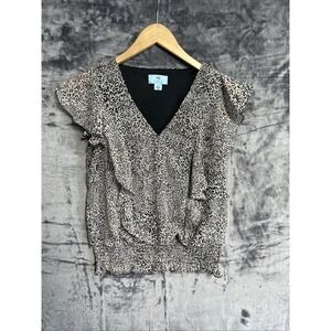 CeCe Women's XS Animal Print Pullover Top Ruffle Smocked Flutter Sleeve V Neck